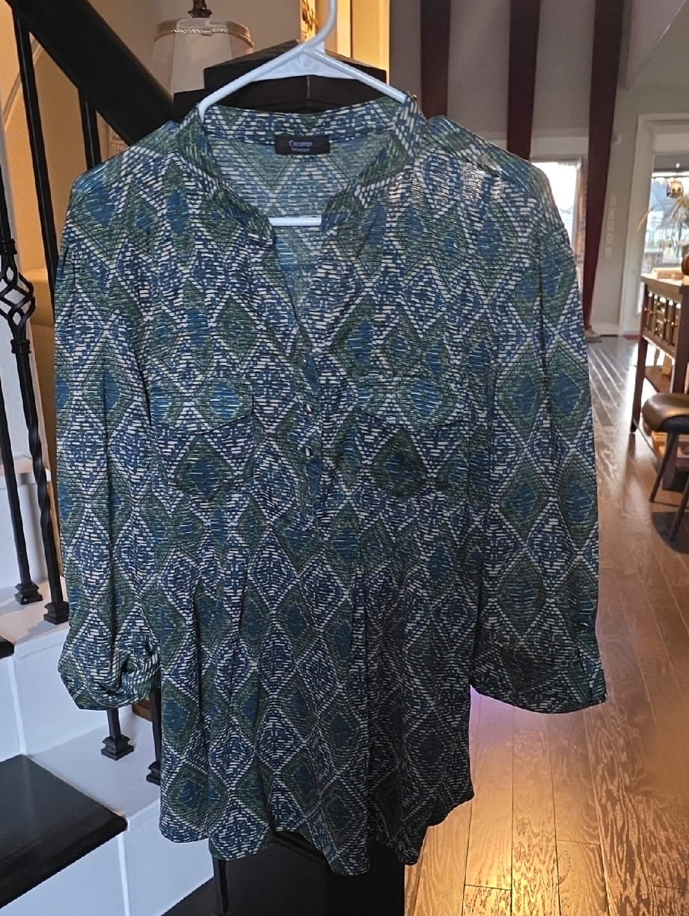 Cocomo Blue and Green Geometric V-Neck Tunic